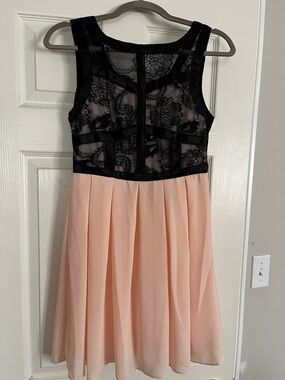 BCX Black Lace and Blush Pink Chiffon Mini Dress